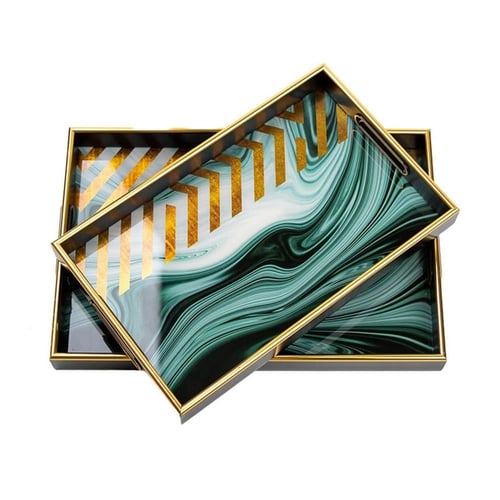 طقم صحون تقديم زجاج بإطار خشبي 2 حبة مستطيل