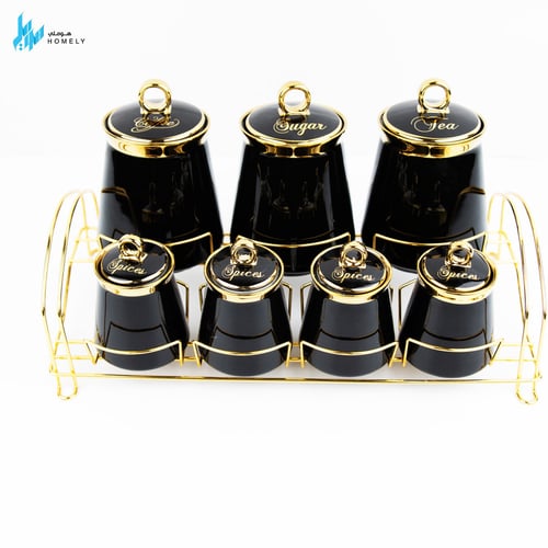 علب بهارات سيراميك 7 قطع بستاند ذهبي - اسود