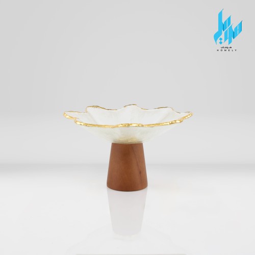 صحن حلا زجاج بقاعدة خشب صغير