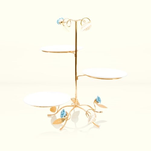 صحون سيراميك ثلاثي أزرق بستاند ذهبي