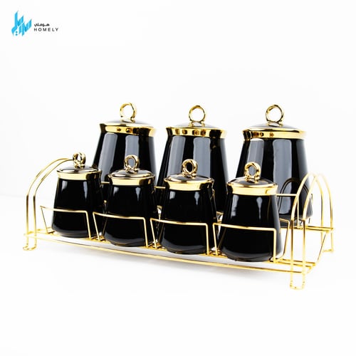 علب بهارات سيراميك 7 قطع بستاند ذهبي - اسود
