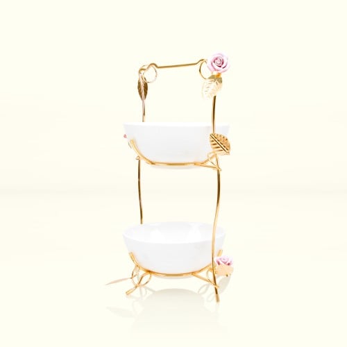 زبادي سيراميك 2دور وردي بستاند ذهبي