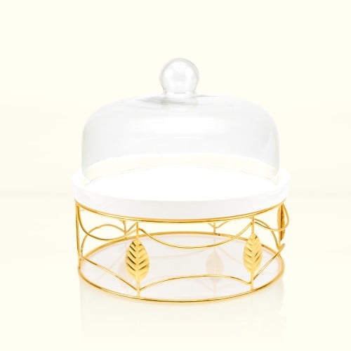 صحن كيك سيراميك كبير بستاند ذهبي