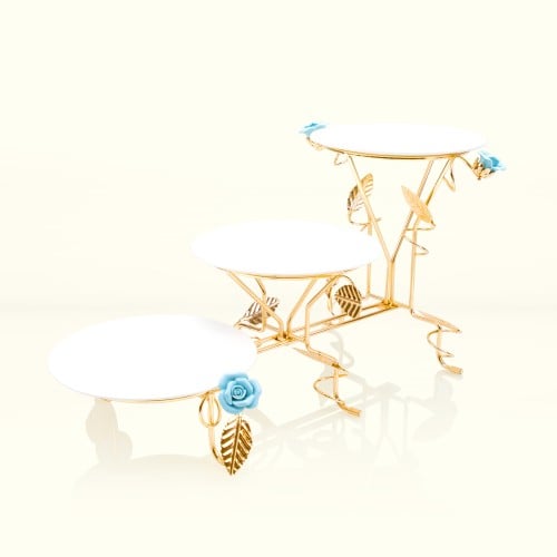 صحون سيراميك ثلاثي أزرق بستاند ذهبي