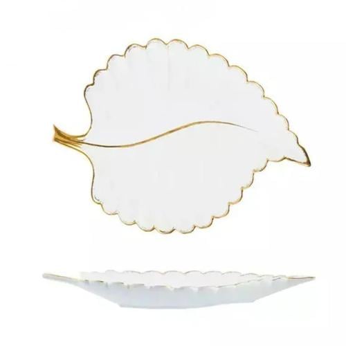 صحن تقديم شكل ورقة كبير مذهب وأبيض