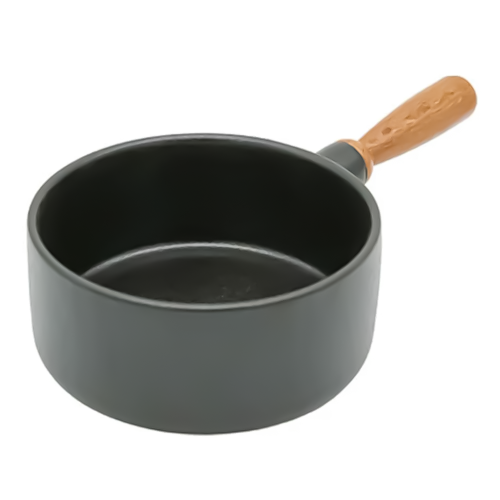 زبدية تقديم مدور سيراميك اسود صغير بيد خشب