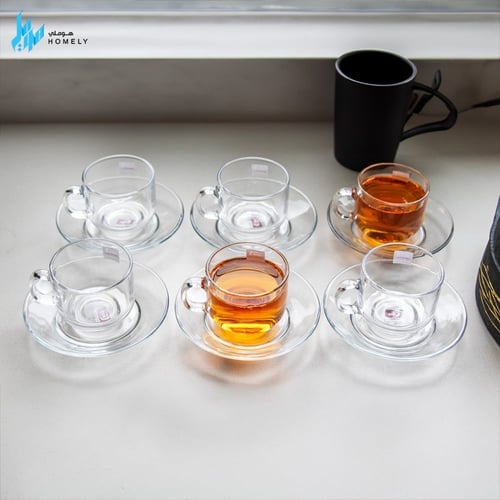 طقم 6 أكواب زجاج شفاف مع صحون