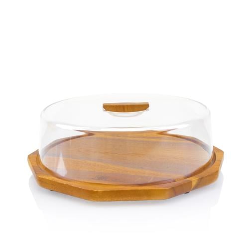 صحن كيك خشب بغطاء إكرليك مضلع