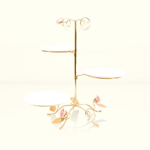 صحون سيراميك ثلاثي وردي بستاند ذهبي