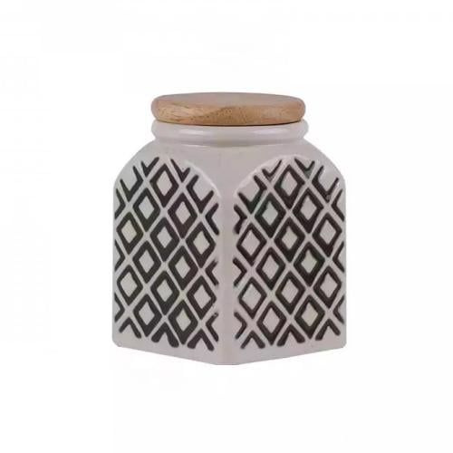 علبة بهارات بورسلان مربعة صغير مع غطاء خشب اللون أ...