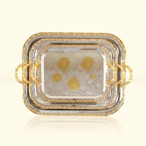 صحن تقديم طقم 3 حبات ذهبي فضي مستطيل