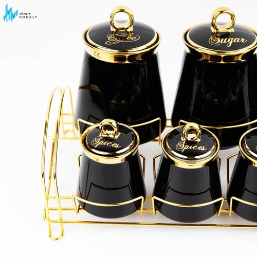 علب بهارات سيراميك 7 قطع بستاند ذهبي - اسود