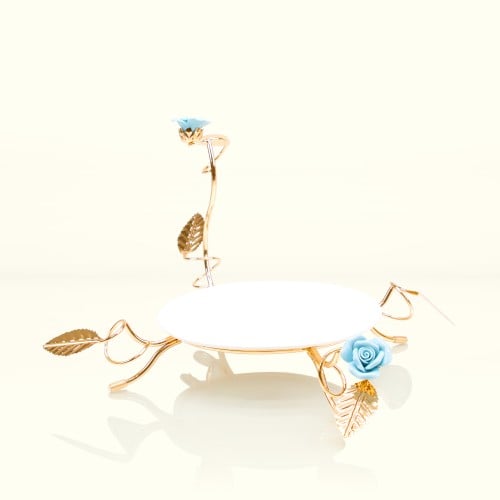 صحن سيراميك مدور أزرق بقاعدة ذهبي