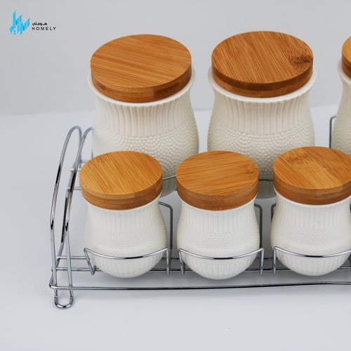 علب بهارات سيراميك 7 قطع بستاند استيل - ابيض