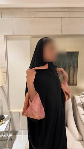 Black Crepe Bisht with Sleeves Lined in Orange Chi...