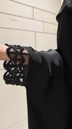 Bisht – Black Crepe with Beaded Sleeves