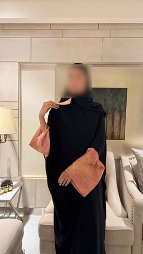 Black Crepe Bisht with Sleeves Lined in Orange Chi...