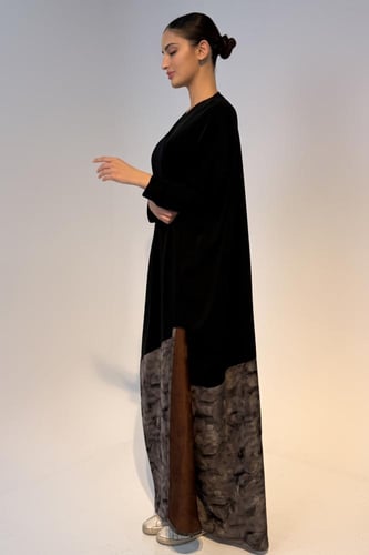 Half Bisht – Black Crepe with Grey Printed Japanes...