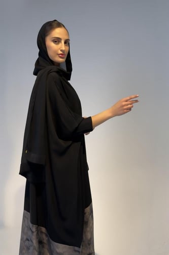 Half Bisht – Black Crepe with Grey Printed Japanes...