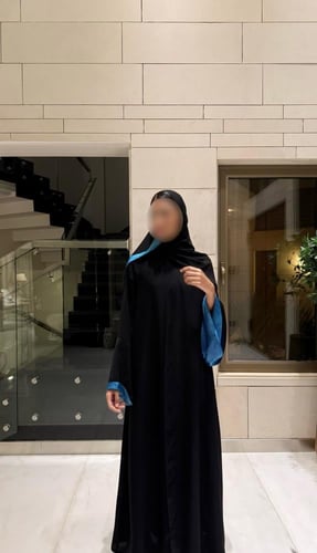 Black Crepe A line with Bell Sleeves Lined in Blue...