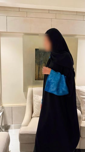 Black Crepe Bisht with Sleeves Lined in Blue Chiff...