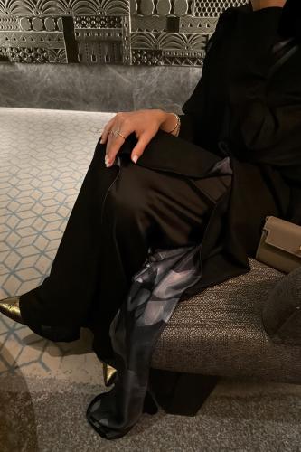 Half Bisht — Black Chiffon with Printed Silk Crepe Lining
