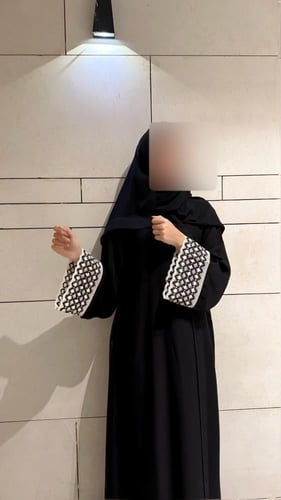 A-line Black Abaya with Black and Off-White Croche...