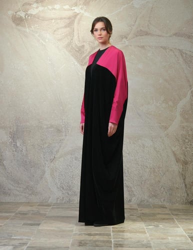 ‏Bisht Black Velvet with Fuchsia Silk