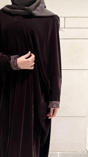 Half Bisht Abaya in Chocolate Brown Velvet - lace...