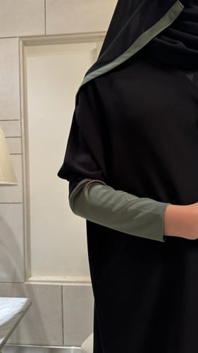 Black abaya with Oil- green stretch sleeves