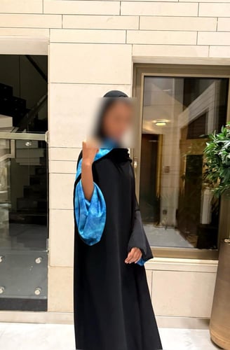 Black Crepe A line with Bell Sleeves Lined in Blue...