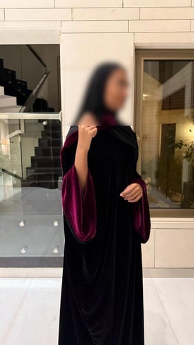 Black BISHT with Bell Sleeves Lined in Silk Fuchsi...