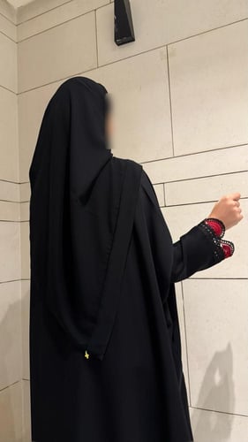 Half Bisht – Black Abaya with Rich Red Crochet Tri...