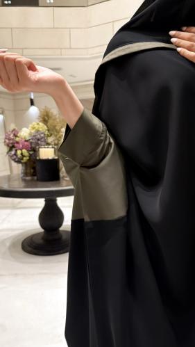 Black abaya with Olive Green circles cuffs