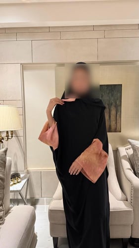 Black Crepe Bisht with Sleeves Lined in Orange Chi...