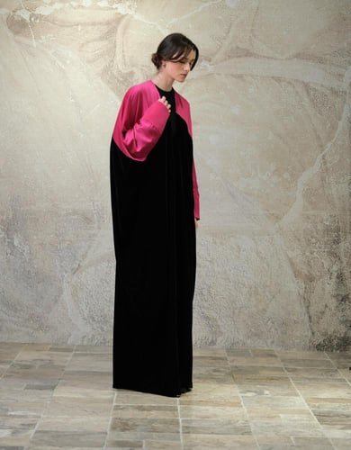 ‏Bisht Black Velvet with Fuchsia Silk