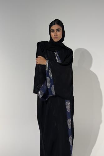 Half Bisht — Black Chiffon with Navy Zari Lining