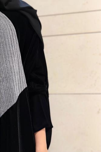 Half Bisht – Black Velvet & Grey Wool