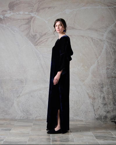 Hooded Dress – Japanese Silk Velvet – Royal Navy
