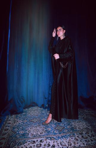 Half Bisht in Black Japanese Silk Crepe with Checker Weave