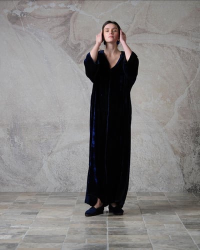 Hooded Dress – Japanese Silk Velvet – Royal Navy