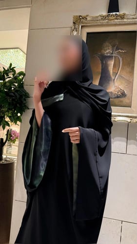 Black Crepe Bisht Lined in Black and Green Silk