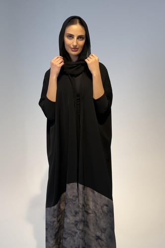 Half Bisht – Black Crepe with Grey Printed Japanes...