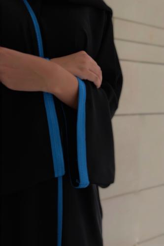 Quarter Bisht — Black Crepe with Turquoise Blue Trim