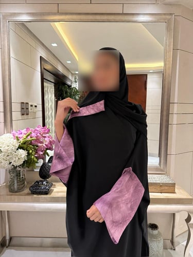 Black Crepe Bisht with Sleeves Lined in Purple Chi...