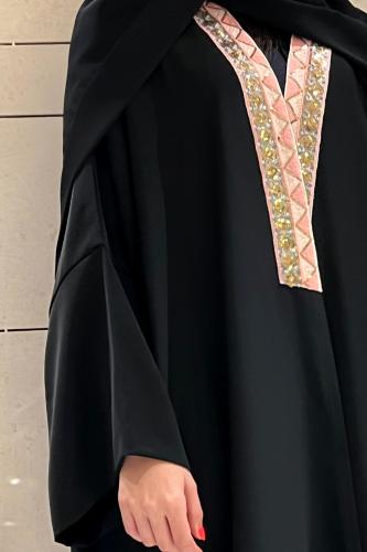 Half black Bisht with Pink Collar and wide sleeves