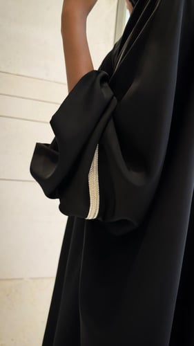 Half Black Bisht with Pearlescent Trim and Wide Sl...