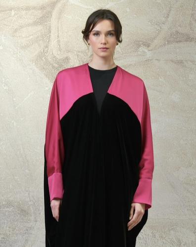 ‏Bisht Black Velvet with Fuchsia Silk