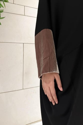 Half Bisht-Black Crepe with Dusty Pink Japanese Ve...