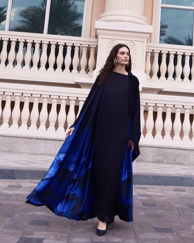 Black Crepe Bisht Lined in Black and Royal Blue Si...